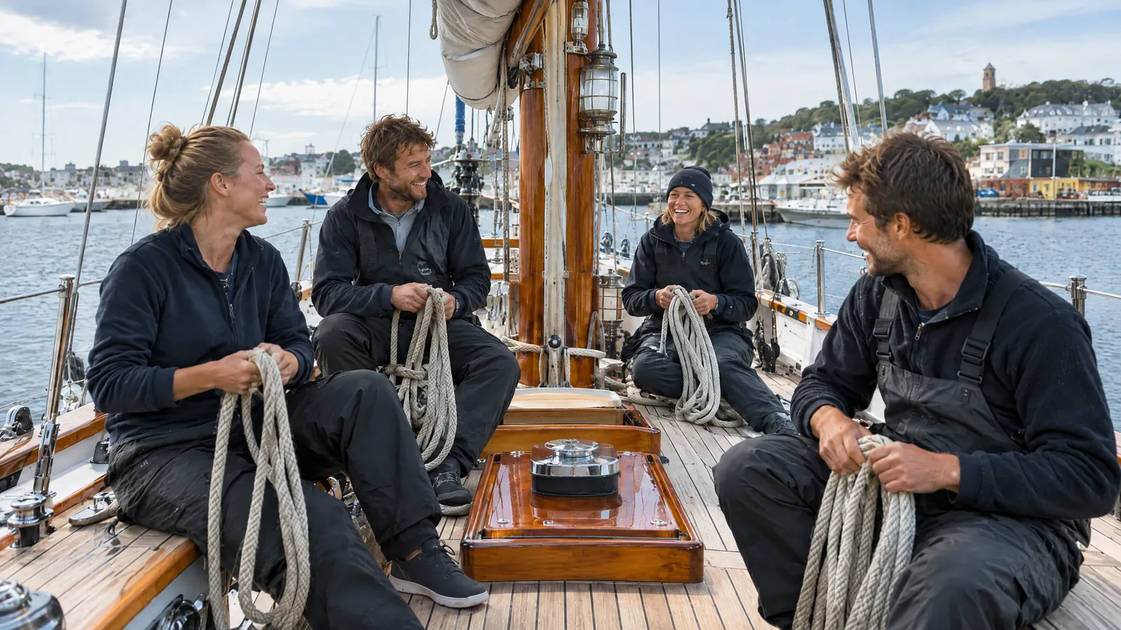 Four crew members sit on the deck of a traditional sailing ship in harbour, laughing as they coil ropes