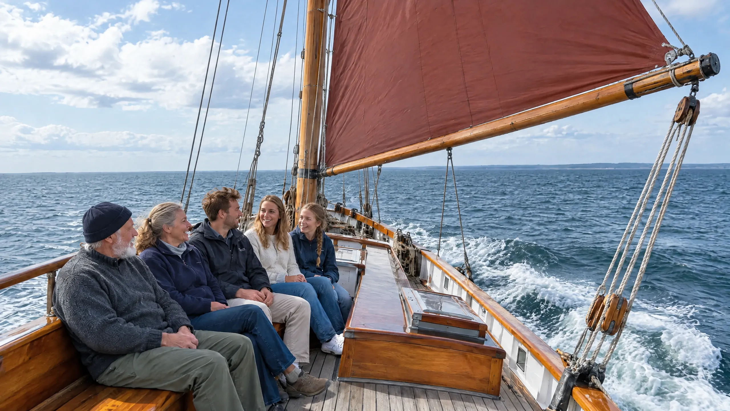 Traditionssegler mit rotbraunen Segeln in Fahrt, Gäste sitzen an Deck