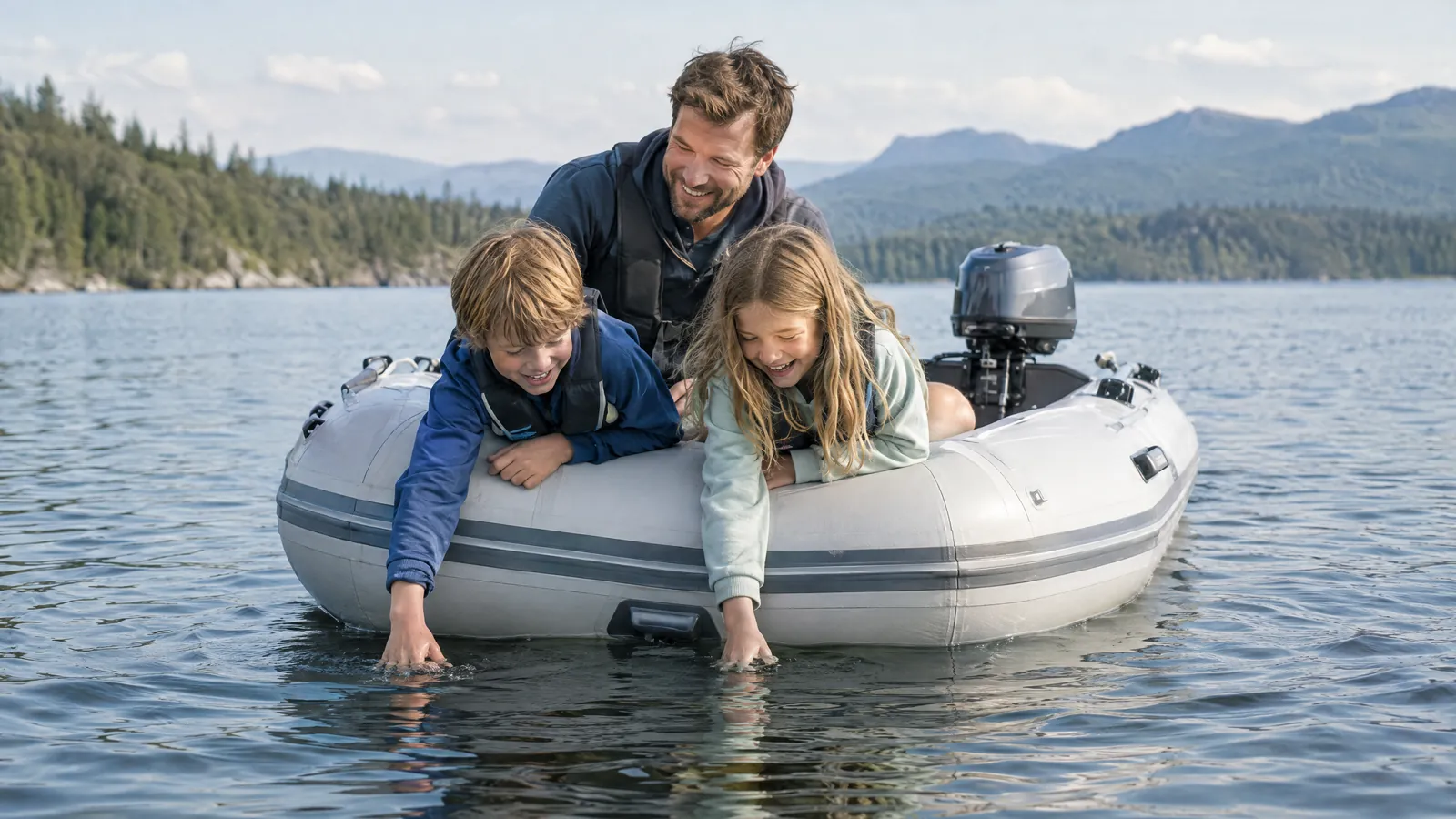 Ein Vater und zwei Kinder in einem grauen Schlauchboot auf einem See, die Kinder tauchen lachend die Hände ins Wasser