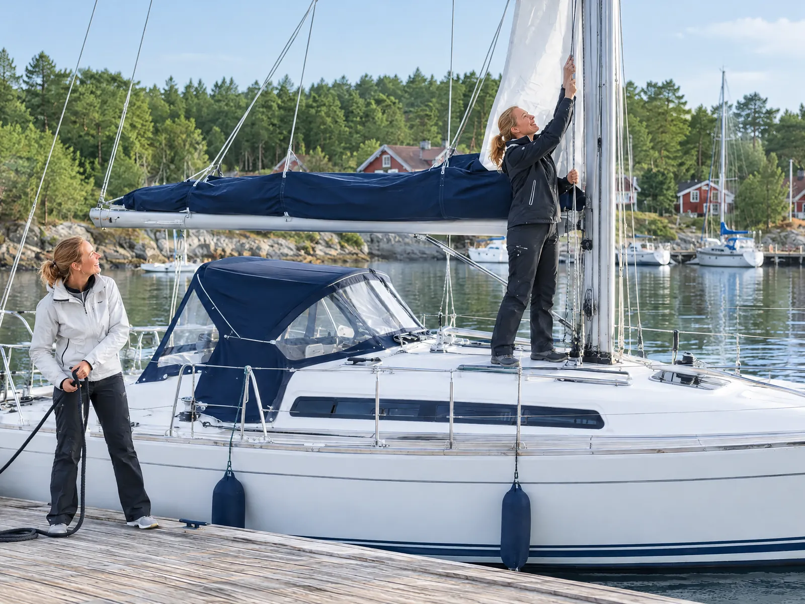 Two friends on a wooden jetty: one hoists the main from its stack pack at the mast, the other holds a line, laughing