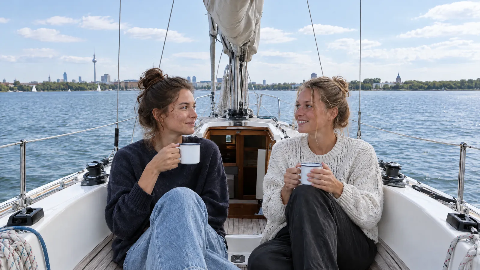 Two friends with enamel mugs sit on deck of a sailing boat with the Berlin skyline in the sunshine behind them