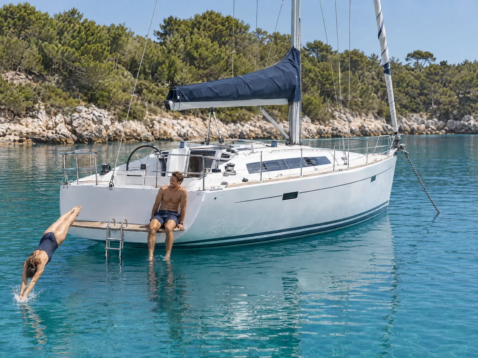 Segelyacht ankert in türkiser Bucht, ein Mann sitzt auf der Badeplattform, eine Frau springt kopfüber ins Wasser