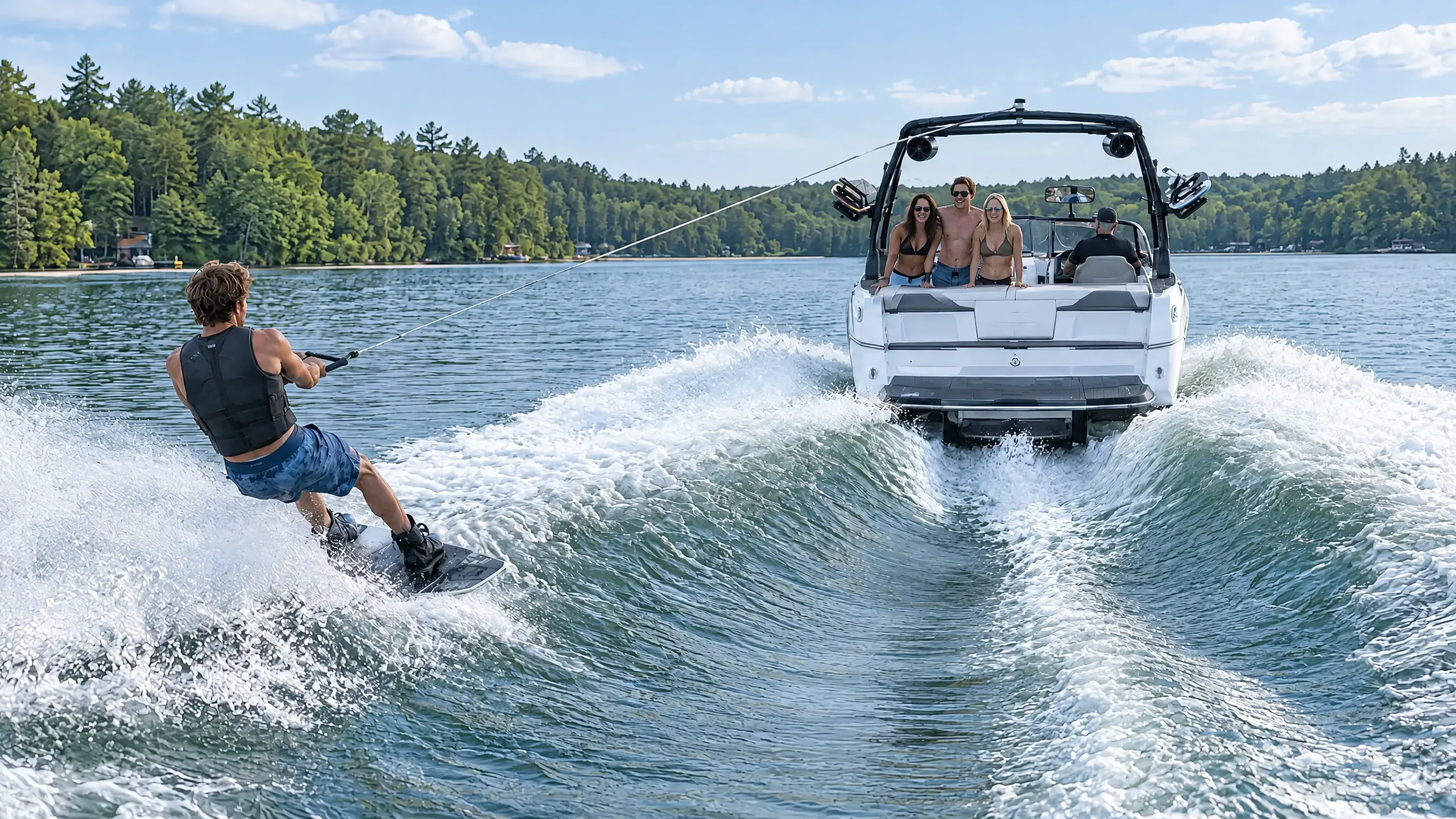 A wakeboarder jumps the wake of a sports boat in the sunshine as his friends cheer from the stern