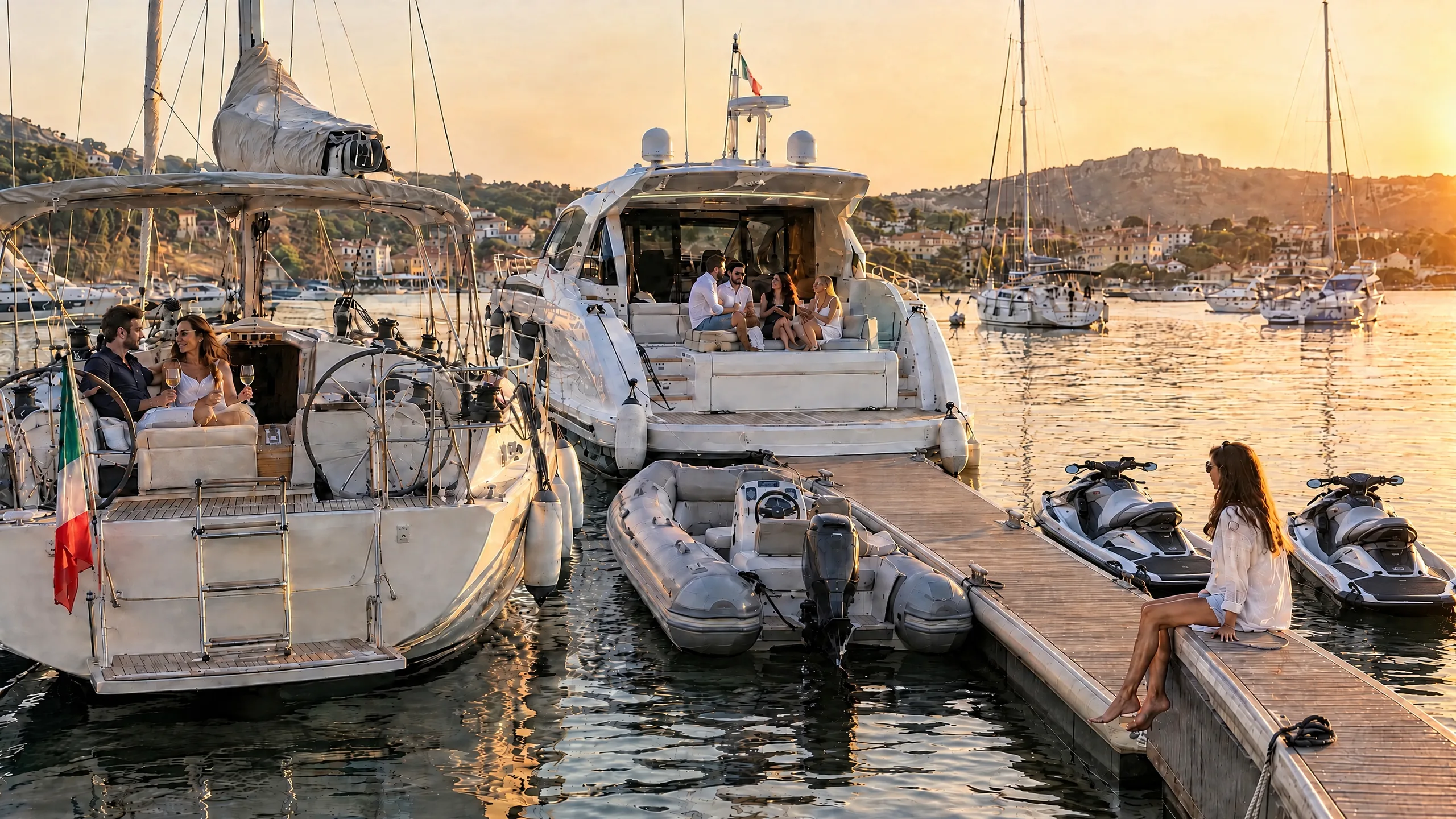 Goldene Stunde im Hafen: Paar auf der Segelyacht, Freunde auf dem Motorboot, Schlauchboot und zwei Jetskis am Steg