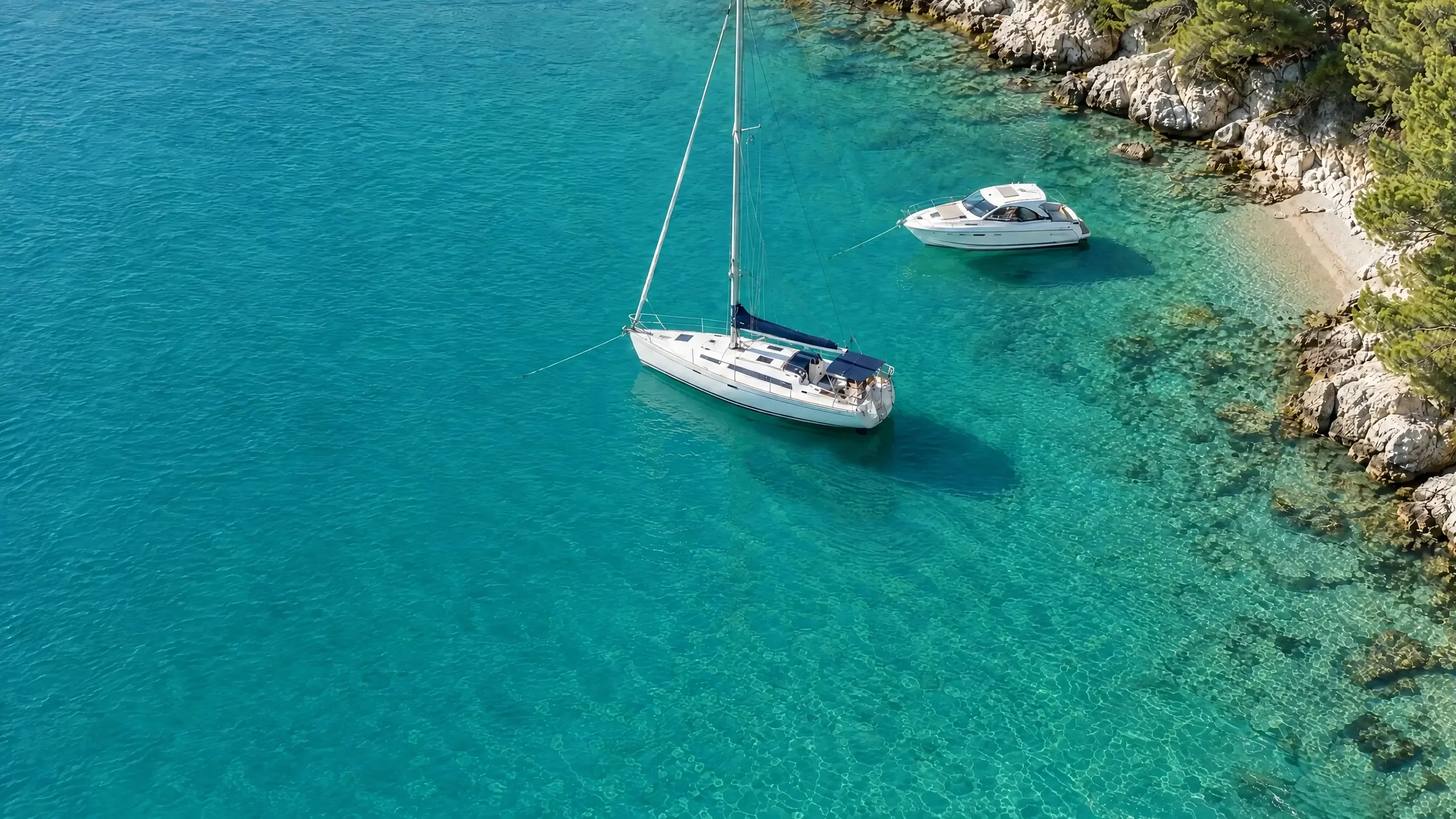 Luftbild einer türkisen Bucht: Segelyacht und Motorboot liegen vor Anker im klaren Wasser