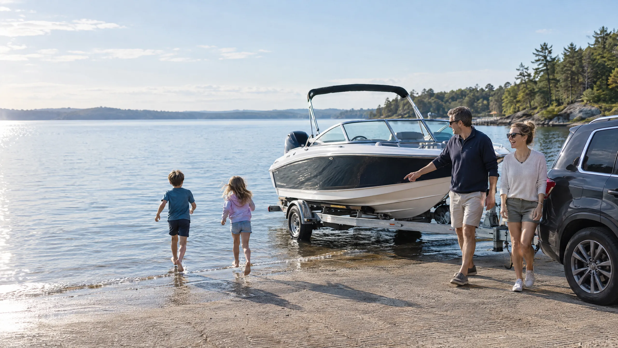 Familie an der Slipanlage eines Sees: Zwei Kinder laufen ins Wasser, die Eltern lachen neben Boot, Trailer und Auto