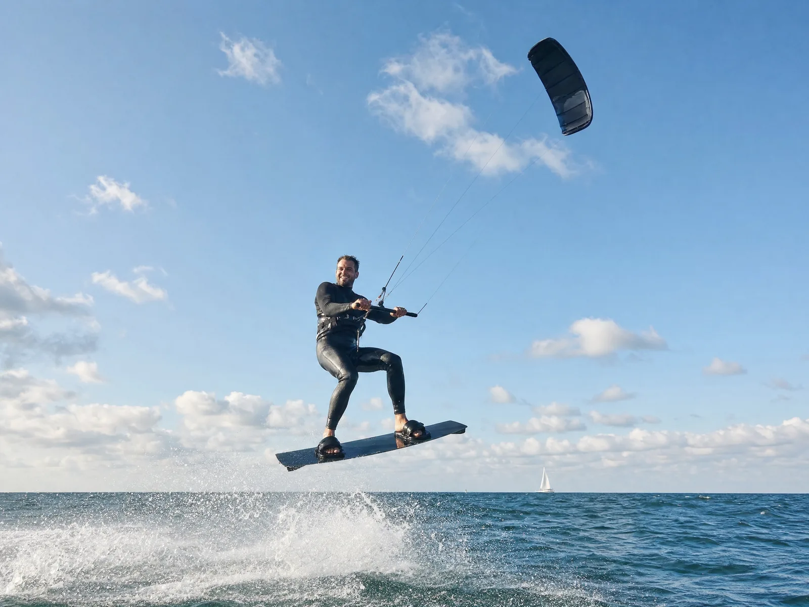 Ein Kitesurfer im Neoprenanzug springt mit dem Board hoch über das Meer, über ihm der Schirm, darunter spritzt Gischt