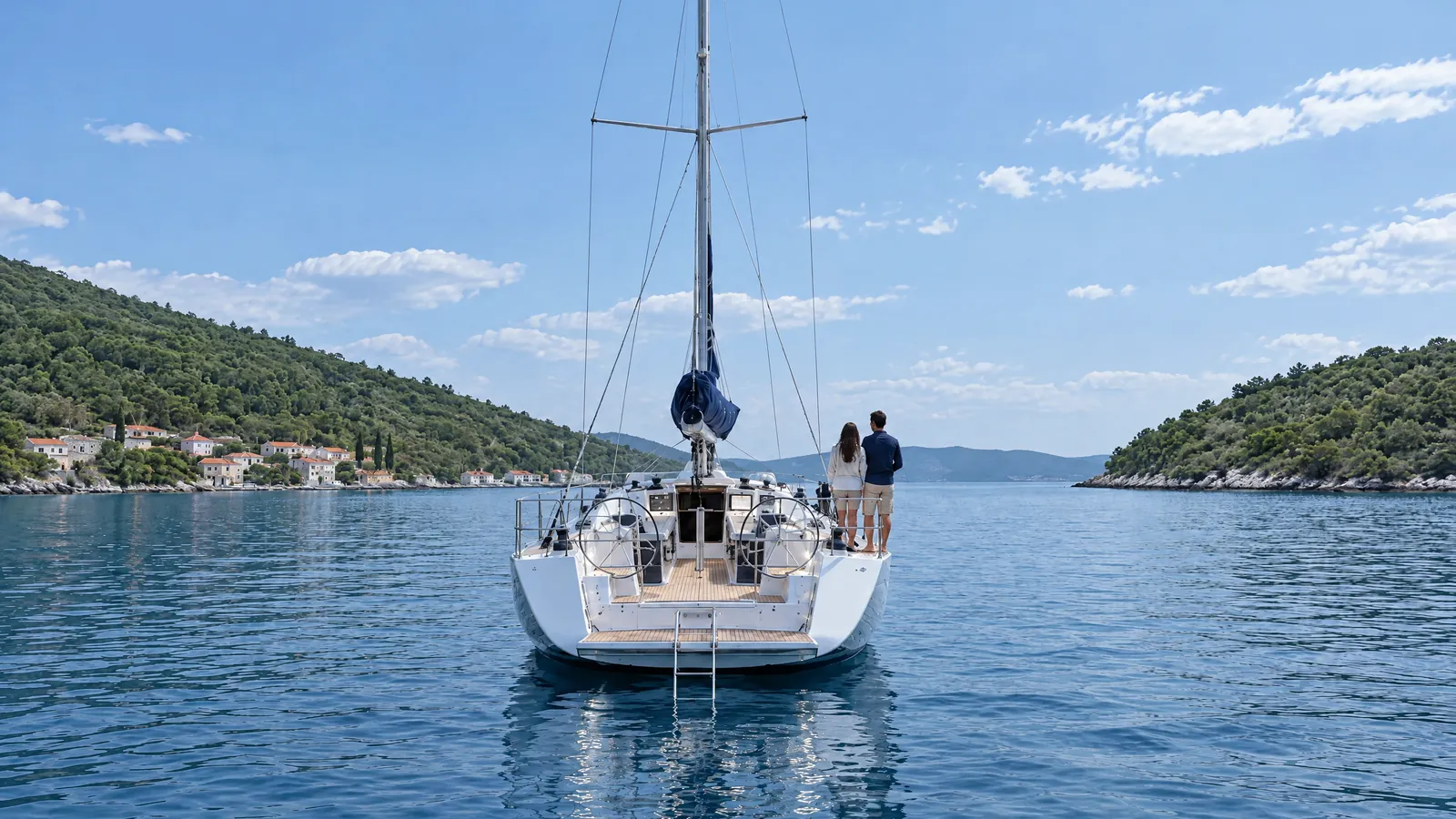 Sailing yacht at anchor in a bay, a couple at the stern looking out to sea
