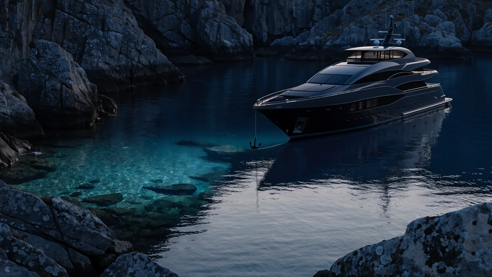 Yacht vor Anker in einer stillen Bucht