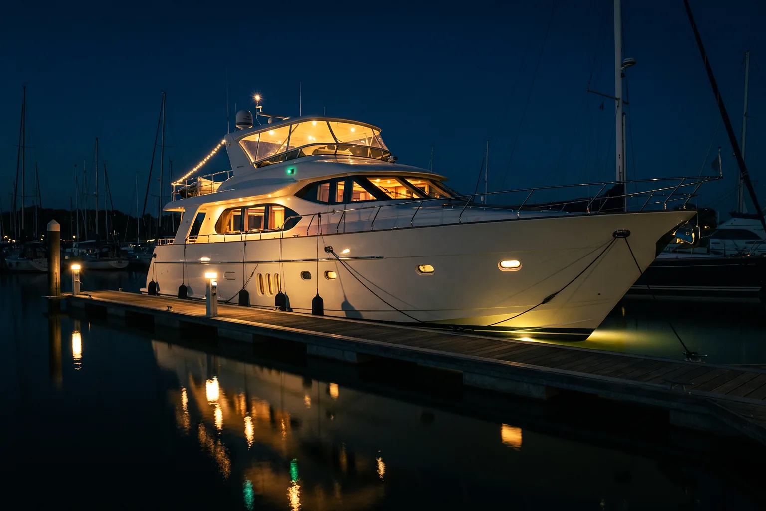 Yacht nachts am Liegeplatz, Deckslicht spiegelt im schwarzen Wasser