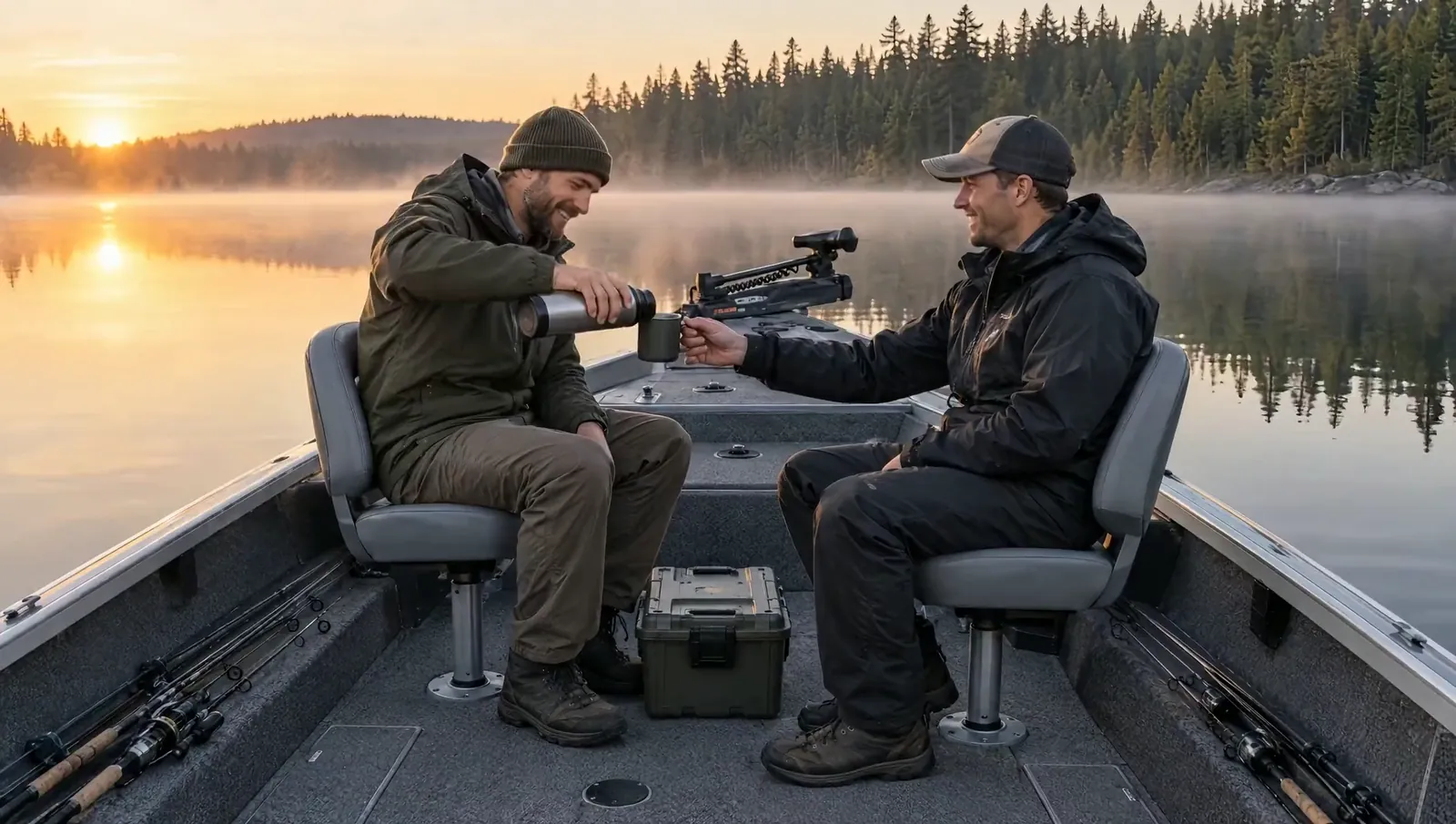Zwei Angler im Aluboot bei Sonnenaufgang, einer schenkt Kaffee aus der Thermoskanne ein, die Ruten liegen verstaut