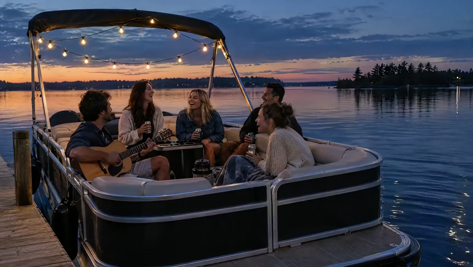 Freunde singen zur blauen Stunde zur Gitarre auf einem Ponton-Boot unter einer Lichterkette