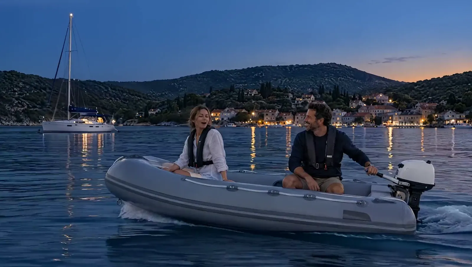 Ein Paar lacht im Beiboot, er steuert mit der Pinne am Heckmotor, hinten eine Segelyacht vor Anker und ein Dorf am Abend
