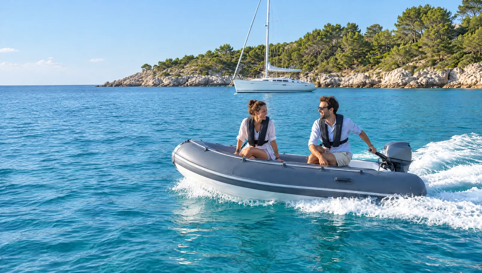 Ein Paar lacht im grauen Schlauchboot mit Außenborder in einer türkisen Bucht, dahinter eine ankernde Segelyacht