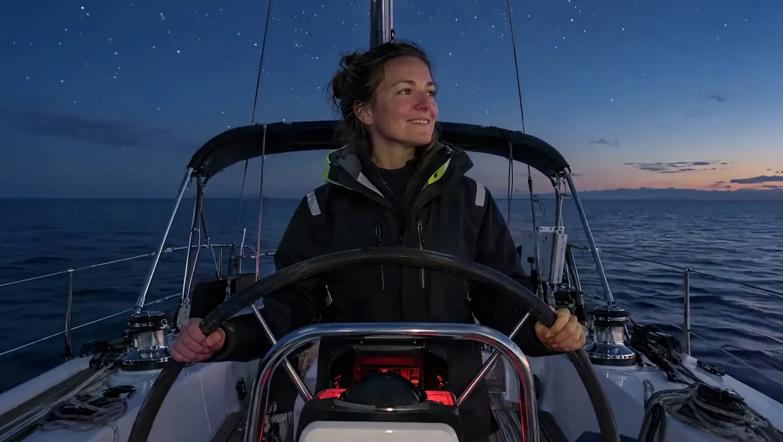 A sailor in foul-weather gear steers a yacht across the open sea at night, the last light on the horizon