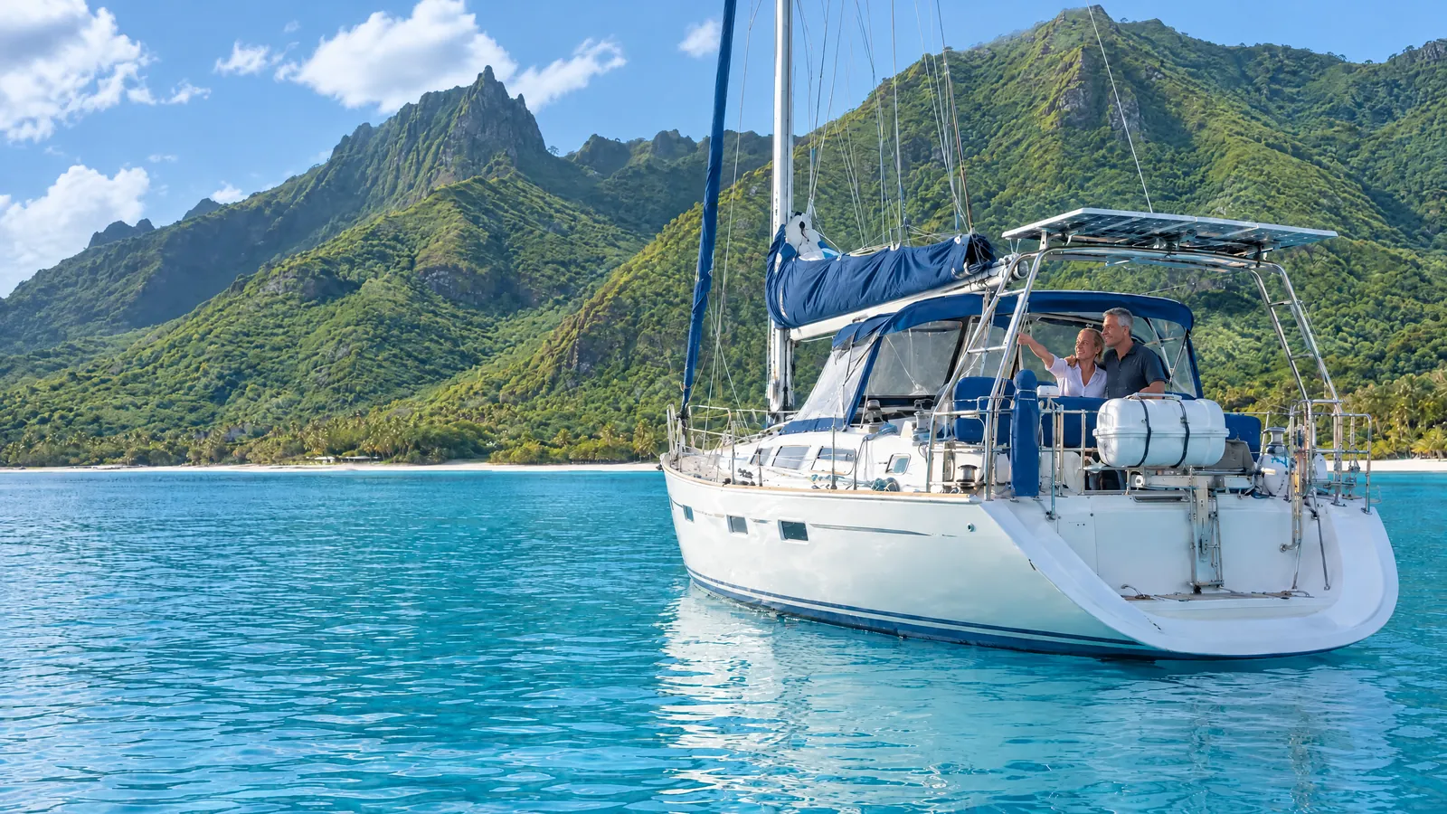 Fahrtenyacht mit Solarbügel vor Anker in einer türkisen Bucht, im Cockpit zeigt ein lachendes Paar auf die grünen Vulkanberge in der Sonne