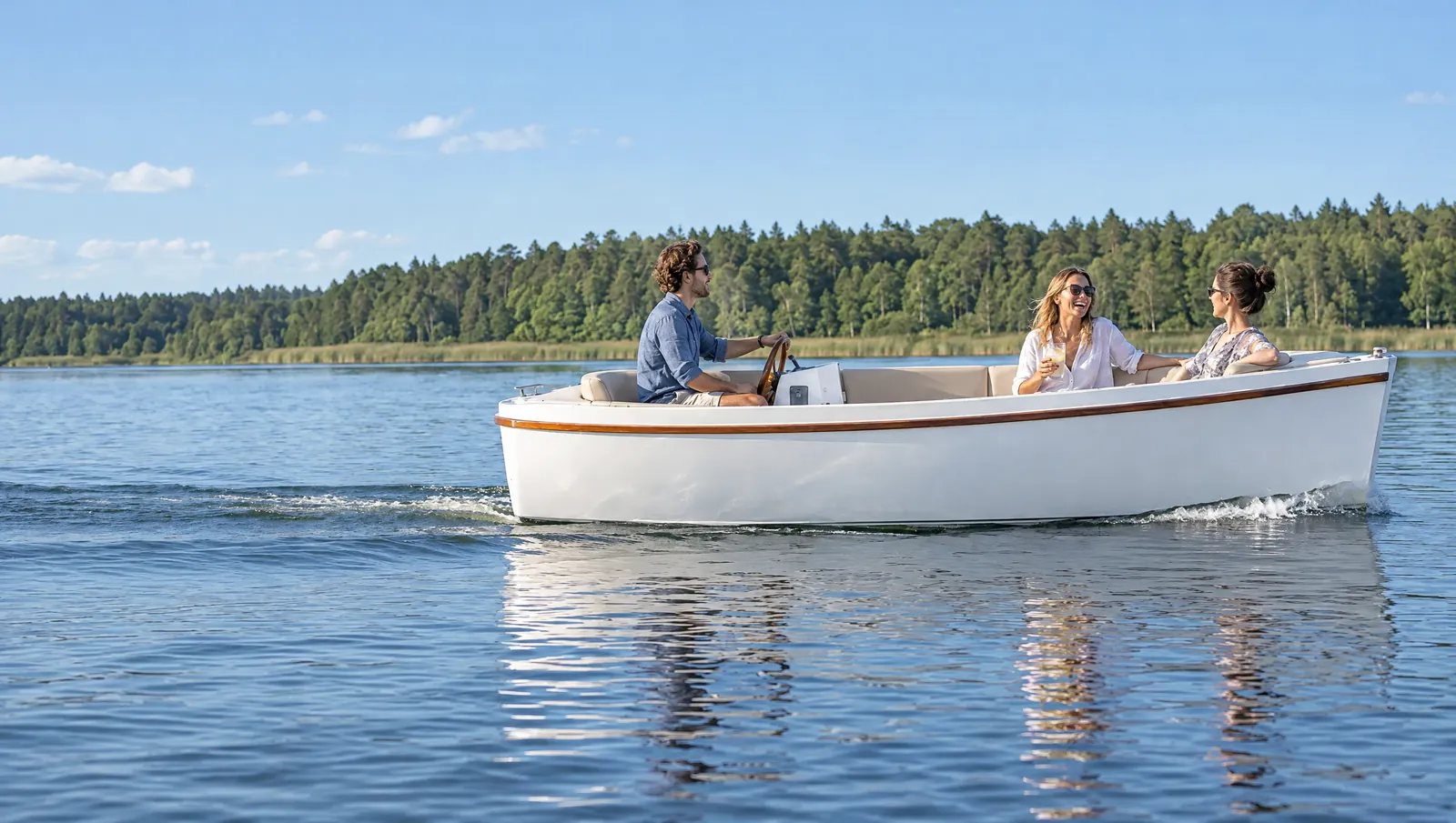 Drei Freunde auf einer weißen Elektro-Sloep, die langsam über einen Waldsee fährt, eine Frau lacht mit einem Glas Limo
