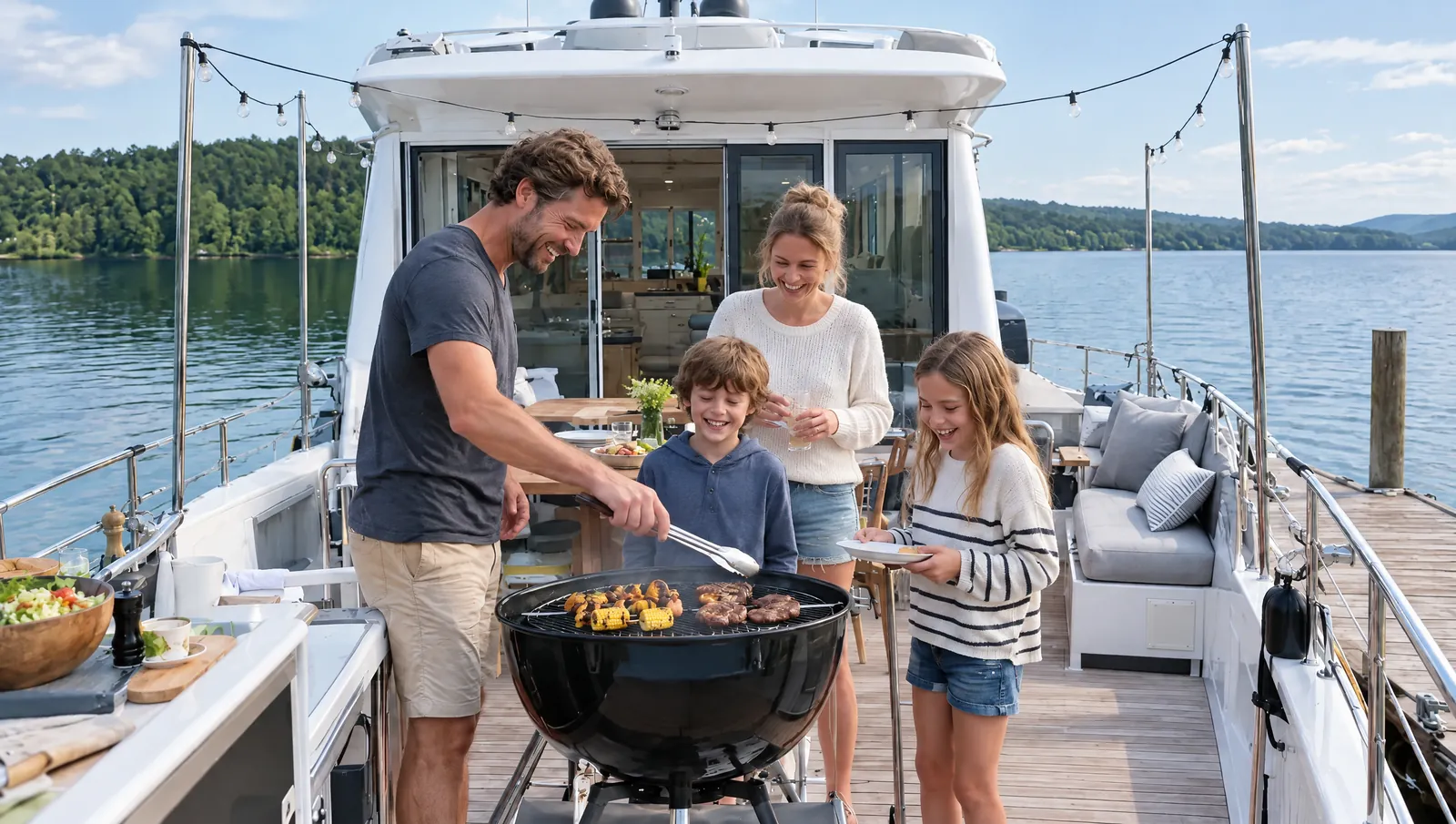 Eine Familie steht lachend um den Grill auf dem Deck eines Hausboots in der Sonne