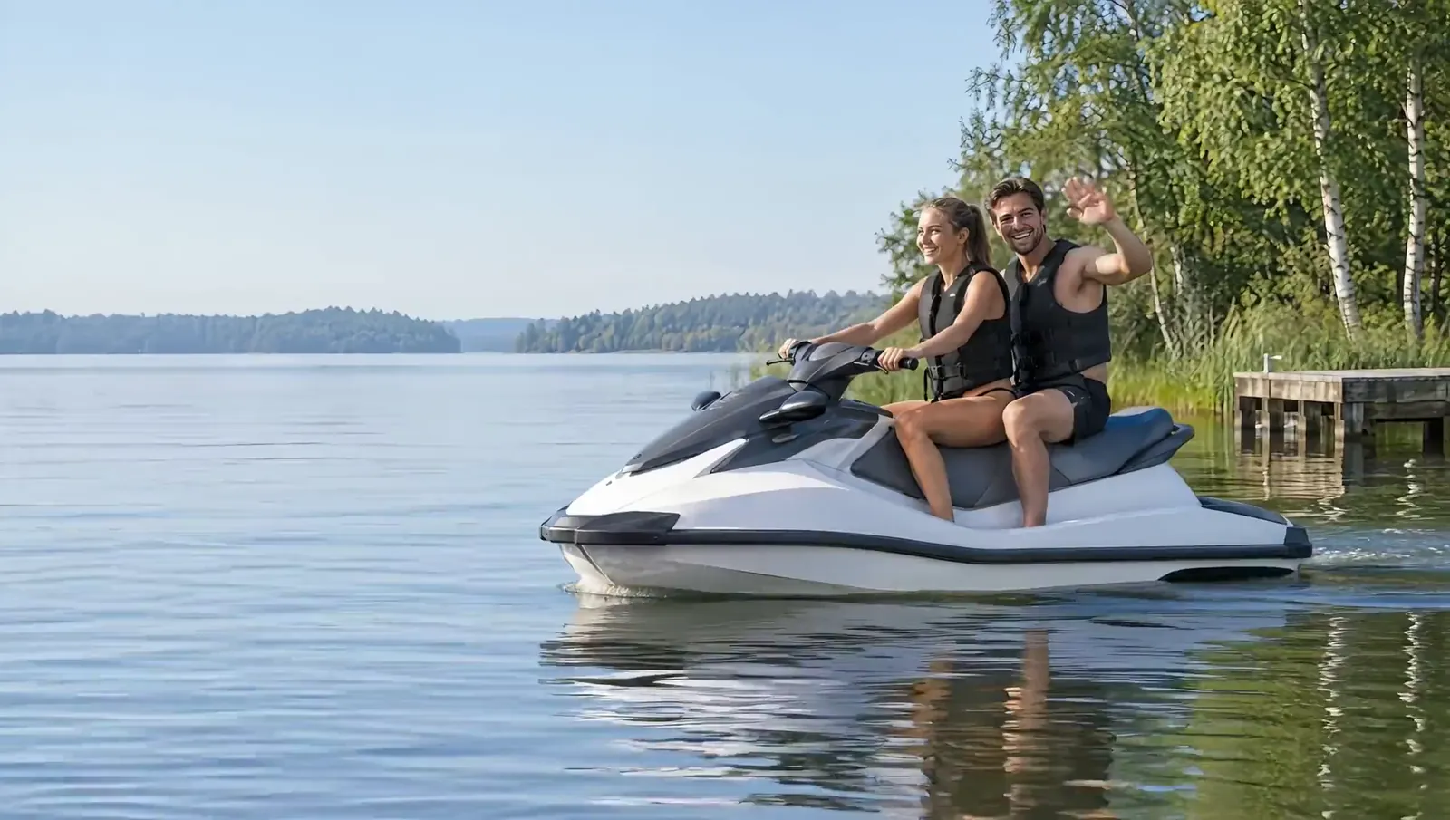 Eine Frau steuert einen Jetski langsam über einen ruhigen See, ihr Freund hinter ihr winkt, beide in Schwimmwesten