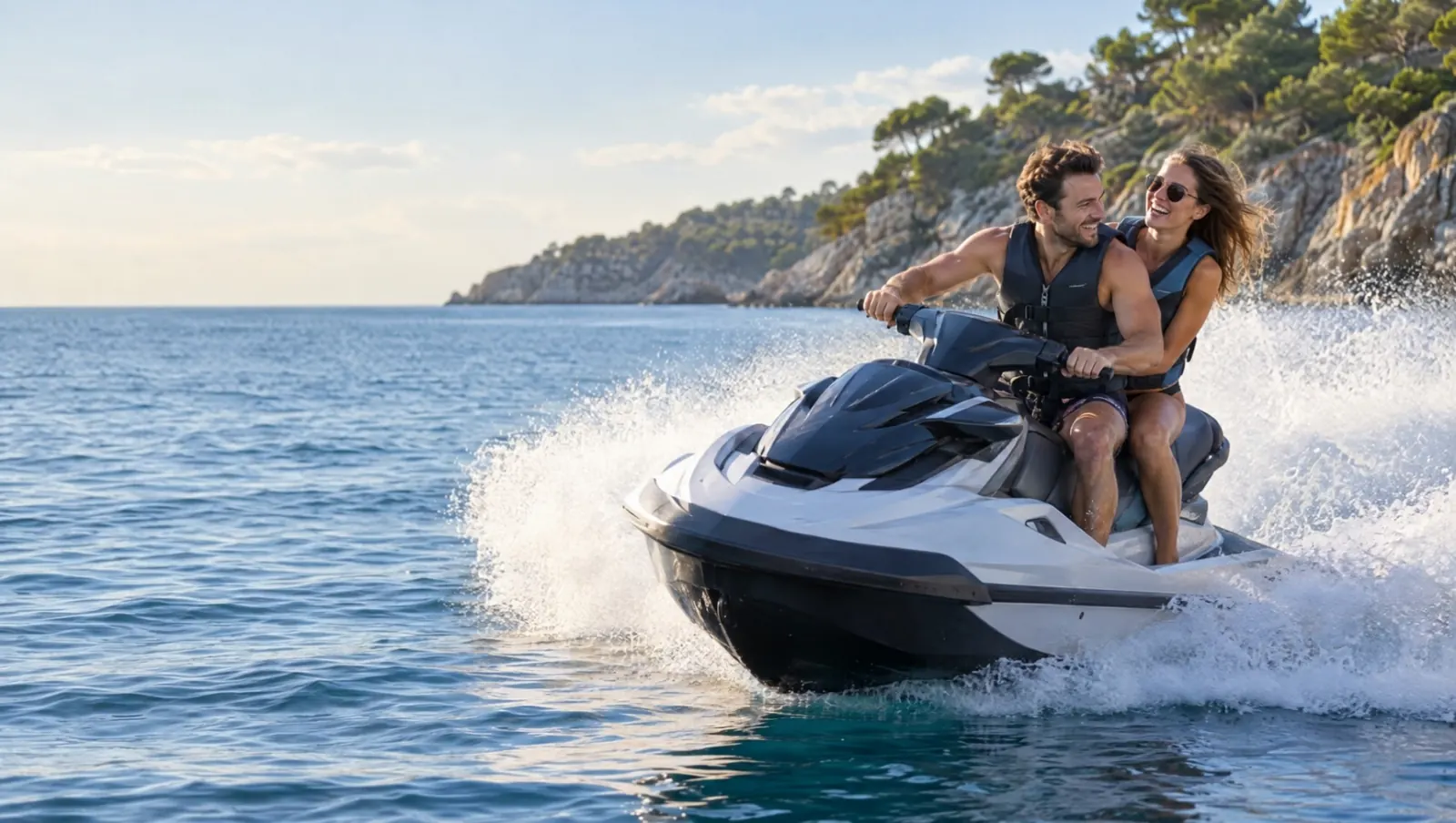 Ein lachendes Paar in Schwimmwesten legt einen weißen Jetski vor einer felsigen Küste mit Pinien in die Kurve