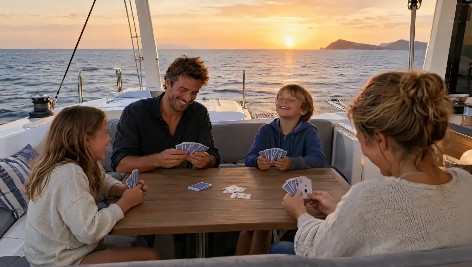 Vater, Mutter und zwei Kinder lachen beim Kartenspiel im Cockpit, dahinter geht die Sonne über dem Meer unter