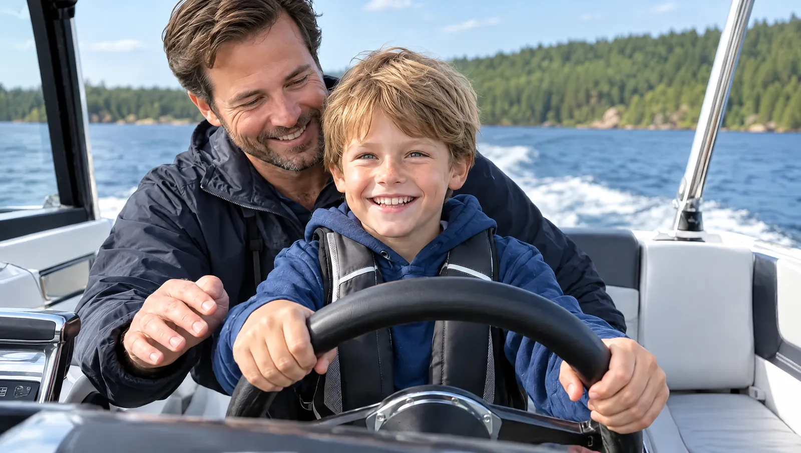 Ein Junge steuert lachend ein Motorboot, sein Vater steht daneben