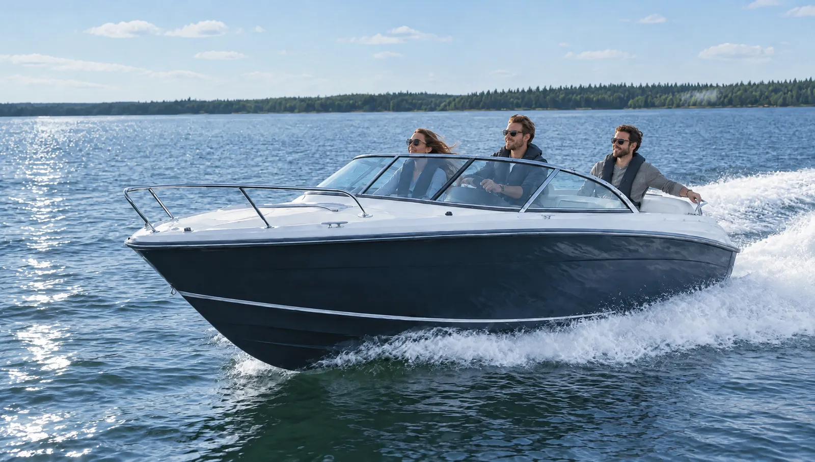 Drei Freunde lachen hinter der Windschutzscheibe eines dunkelblauen Motorboots, das über einen See gleitet
