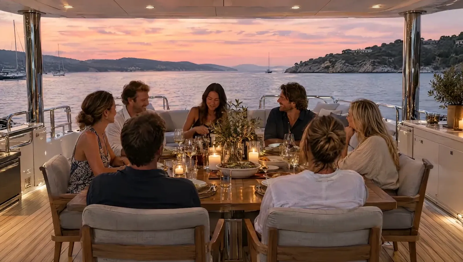 Freunde lachen bei Sonnenuntergang an einem gedeckten Tisch mit Kerzen auf dem Achterdeck einer Motoryacht