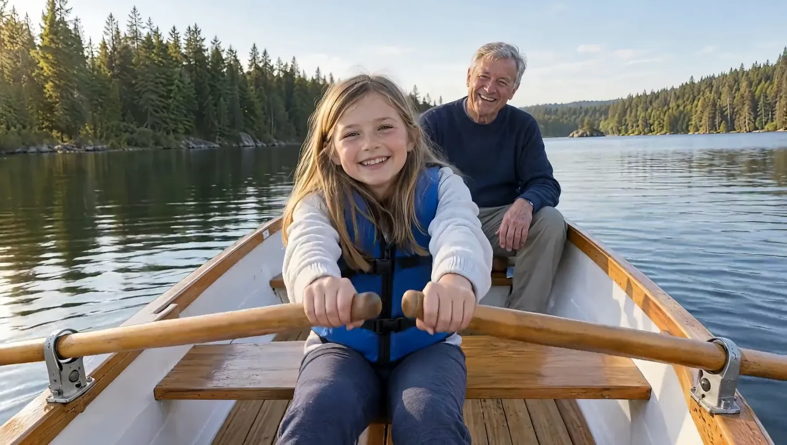 Ein Mädchen in Schwimmweste rudert ein Holzboot über einen Waldsee, hinter ihr sitzt lachend ihr grauhaariger Großvater