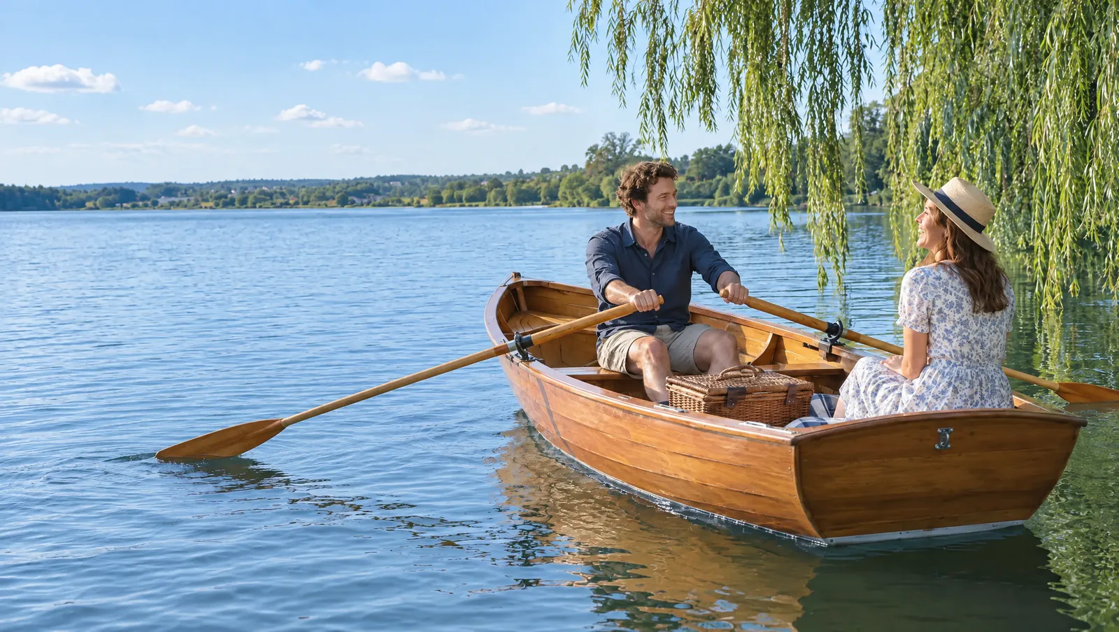 Ein Mann rudert ein Holzboot mit Picknickkorb über einen See, eine Frau mit Strohhut lacht ihm unter Weiden zu