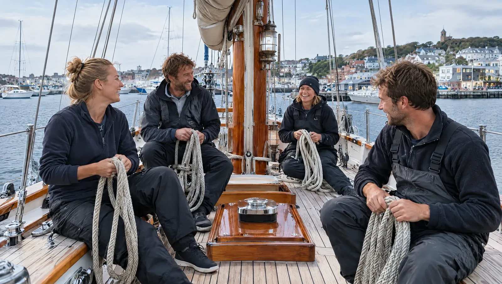 Die Crew sitzt im Hafen an Deck eines Traditionsseglers, schießt Leinen auf und lacht