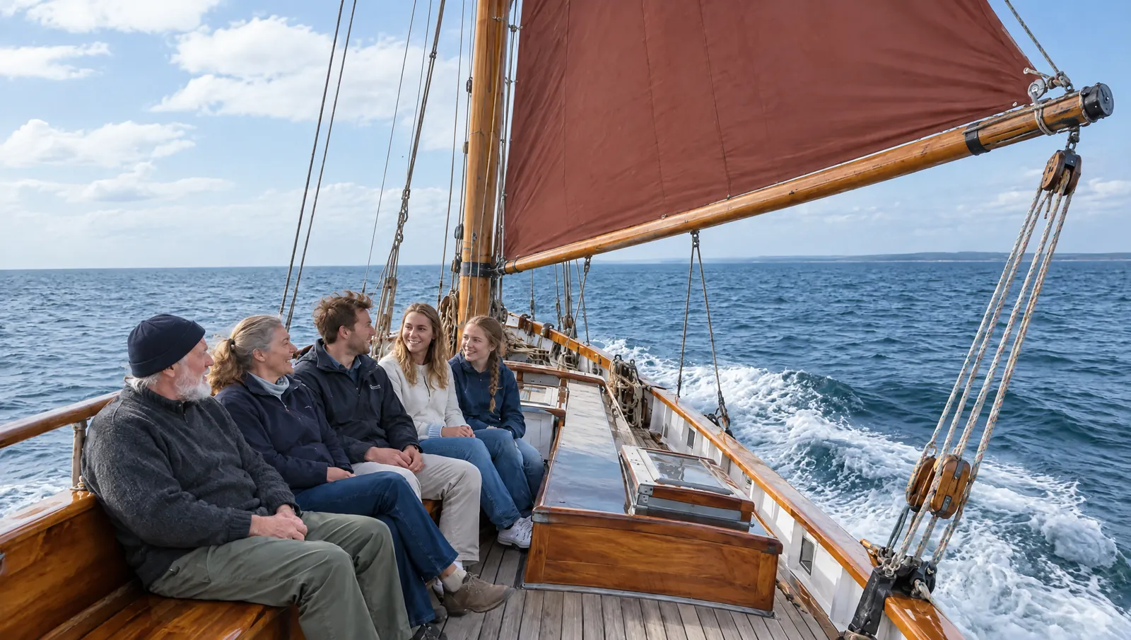 Fünf Menschen jeden Alters sitzen lachend an Deck eines Traditionsseglers mit rotbraunem Gaffelsegel bei Sonnenschein