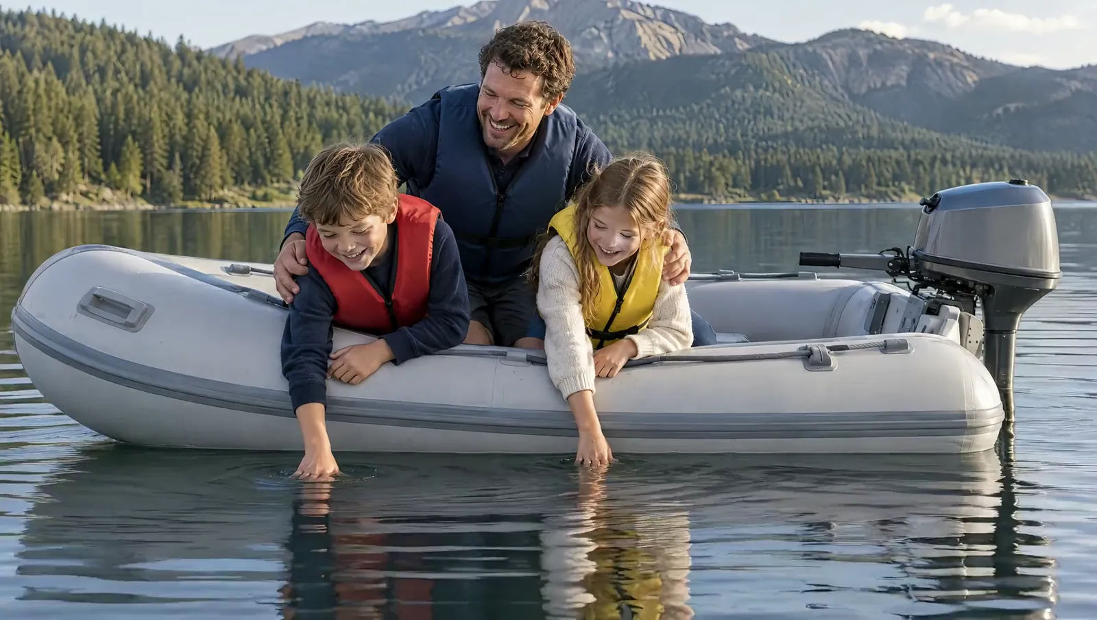 Vater kniet im grauen Schlauchboot hinter Sohn und Tochter, die lachend die Hand in den Bergsee halten