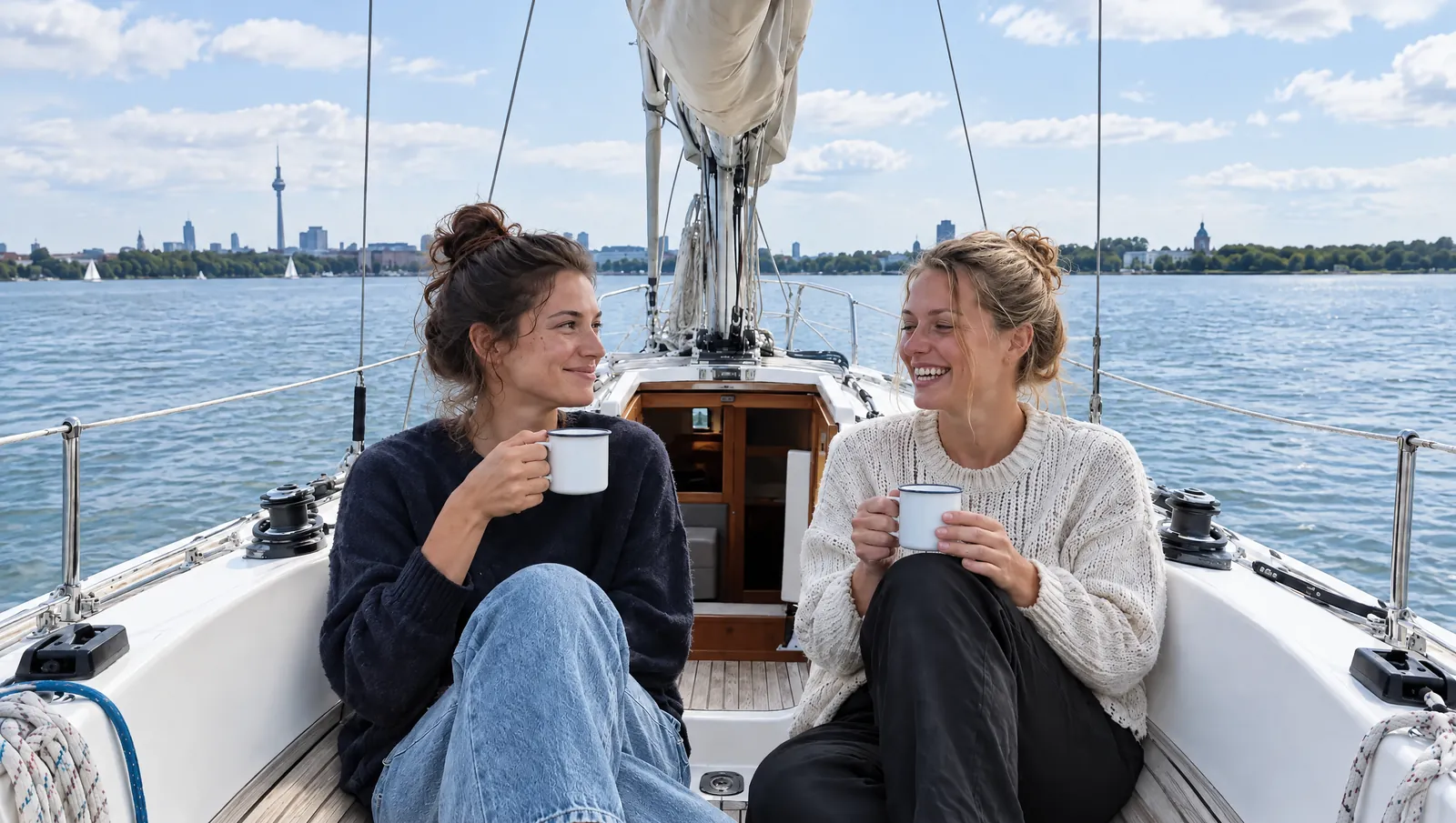 Zwei Freundinnen stoßen an Deck eines Segelboots mit Emaillebechern an, der Himmel strahlt blau