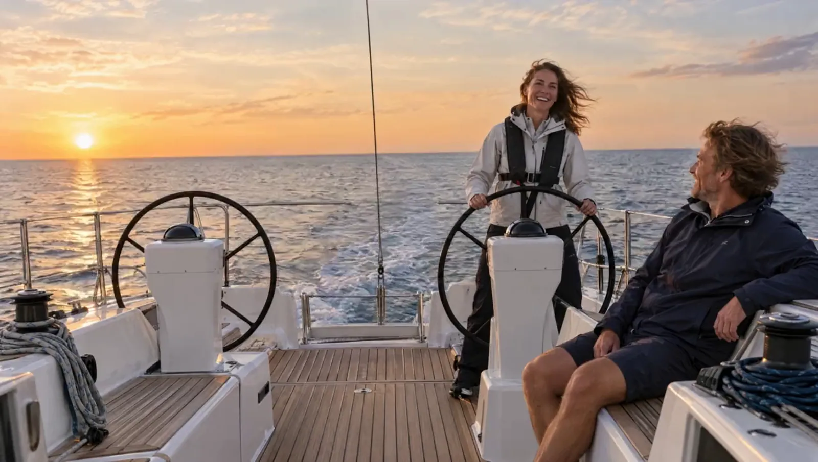 Eine Frau steht lachend am Steuerrad einer Segelyacht, ihr Partner sitzt im Cockpit, hinter dem Heck die Abendsonne