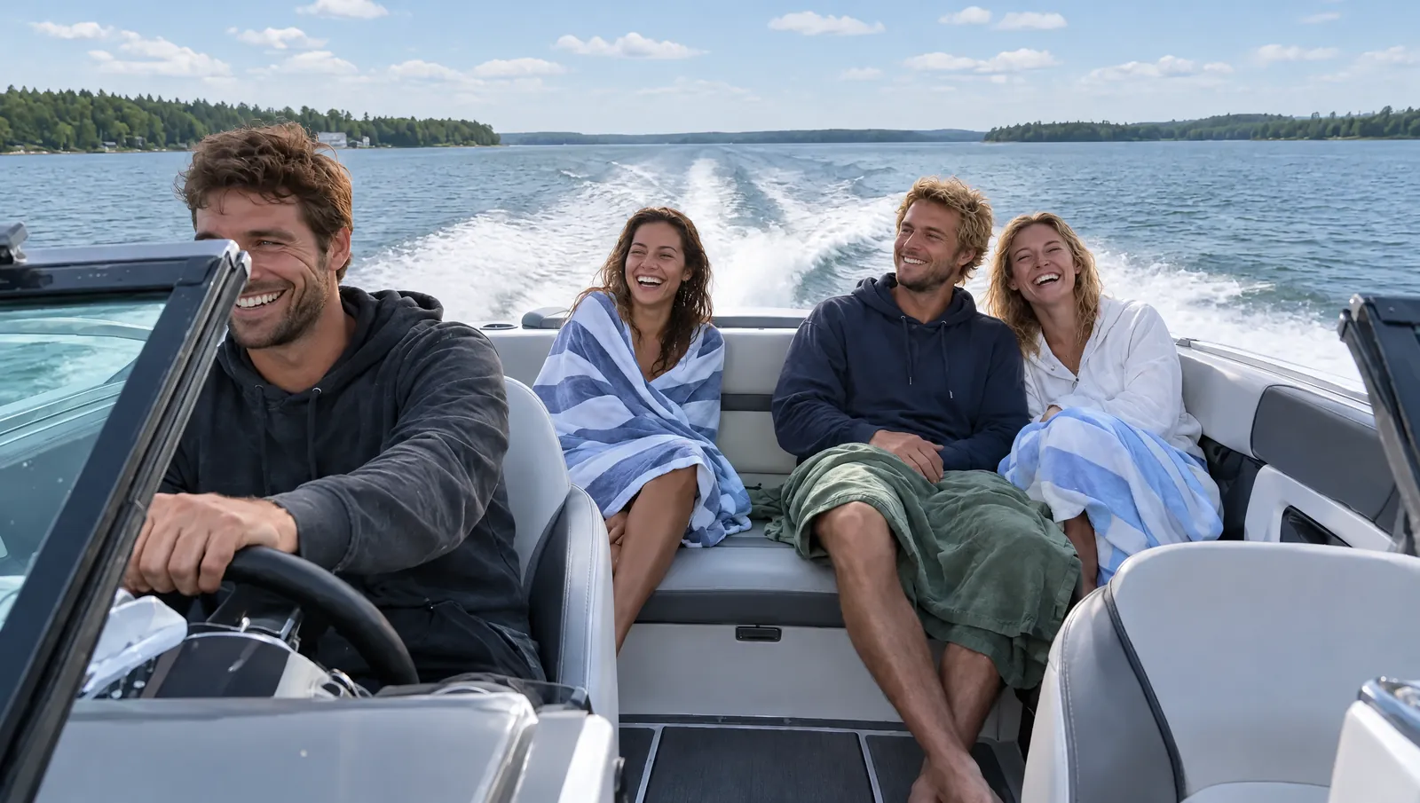 Friends wrapped in towels laugh as their sports boat heads home across sunlit water, the driver smiling at the wheel