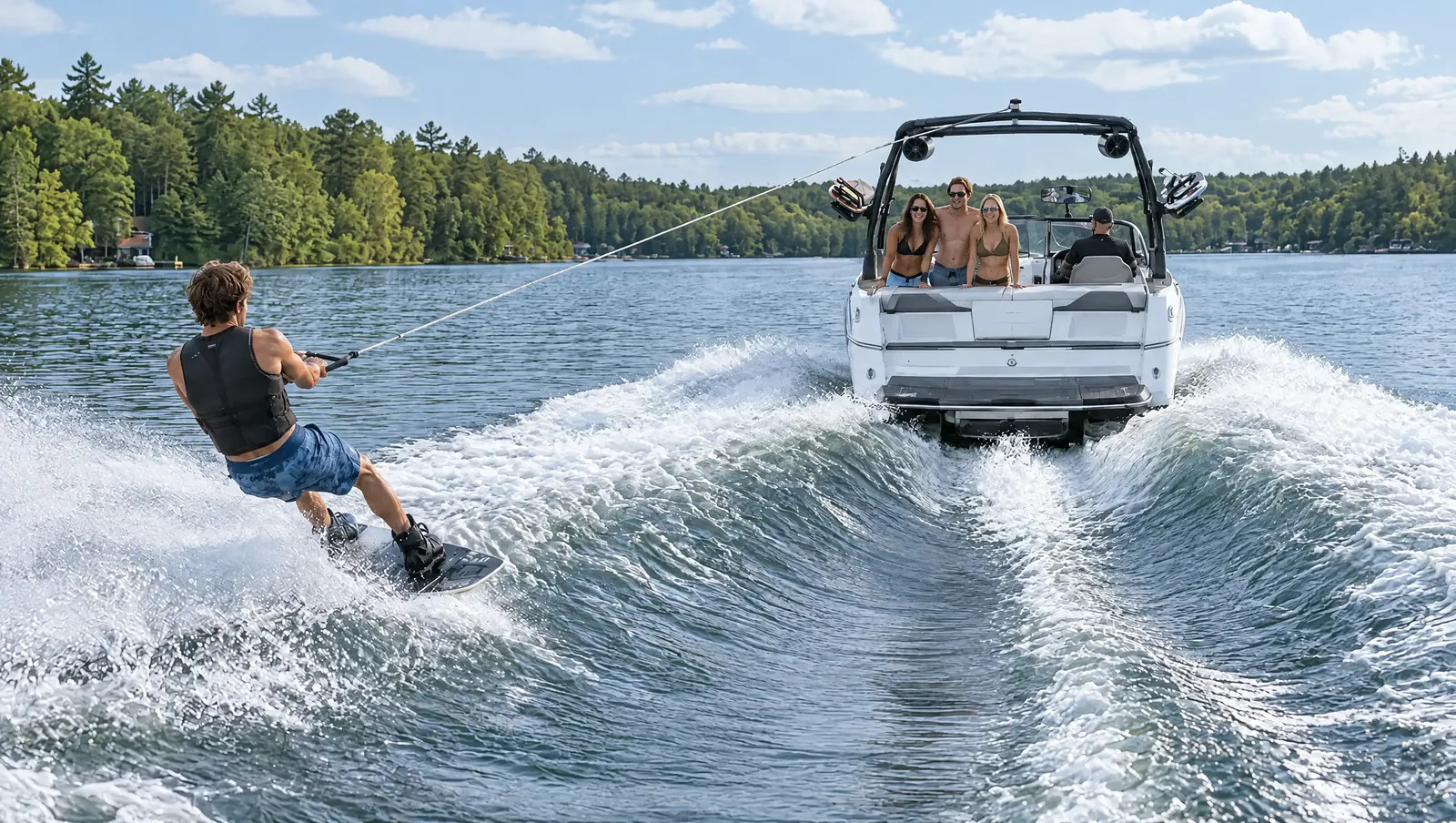 Ein Wakeboarder springt in der Sonne über die Heckwelle des Sportboots, die Freunde im Heck jubeln