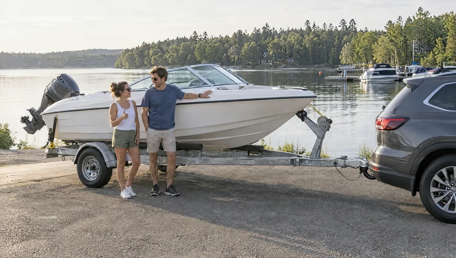 Paar lacht neben weißem Motorboot auf Trailer, der an einem grauen SUV hängt, oben an der Slipanlage am See