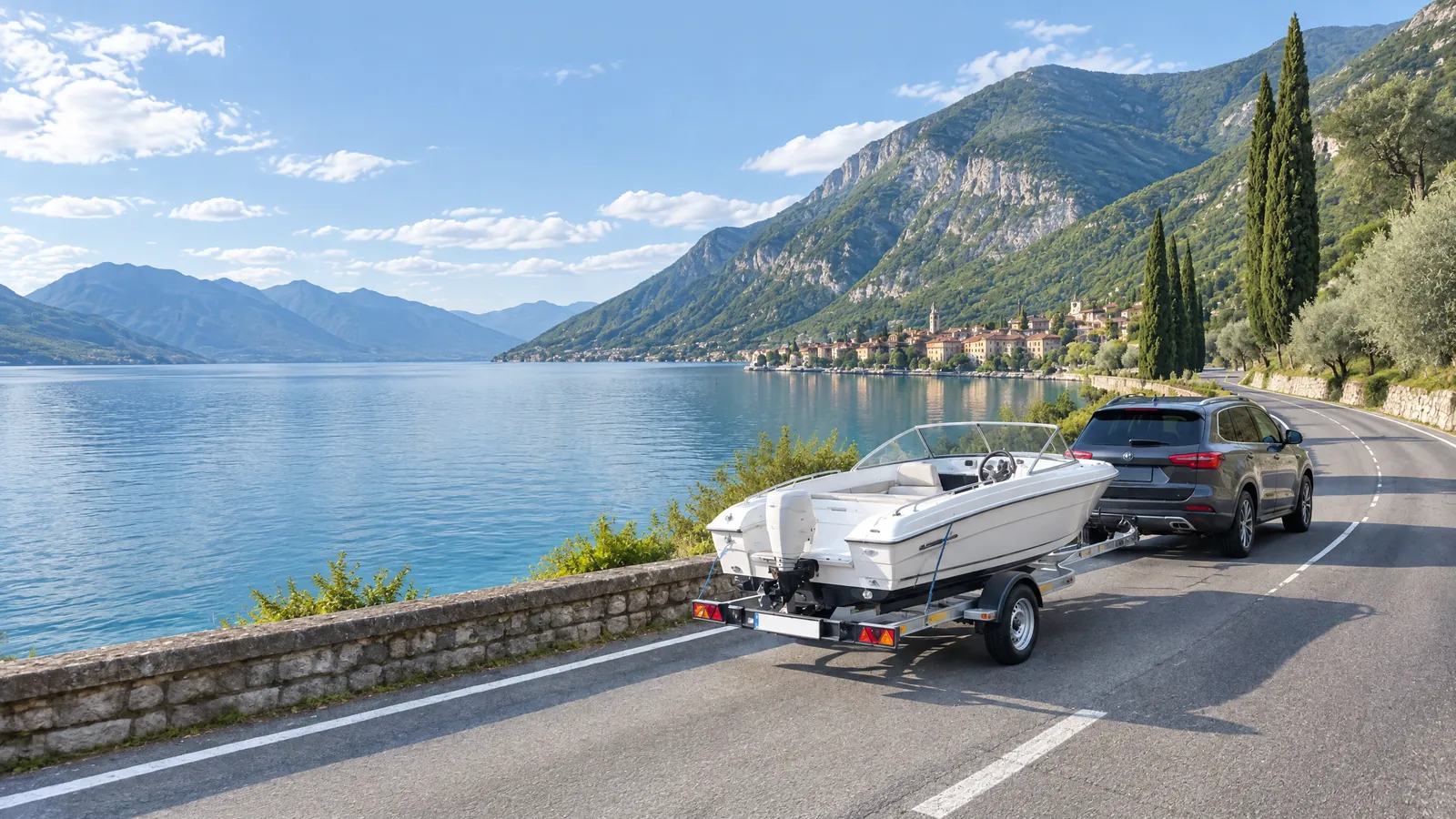 Vormittags an einem Bergsee: Ein grauer SUV zieht ein weißes Sportboot auf dem Trailer über die Uferstraße, Zypressen am Hang