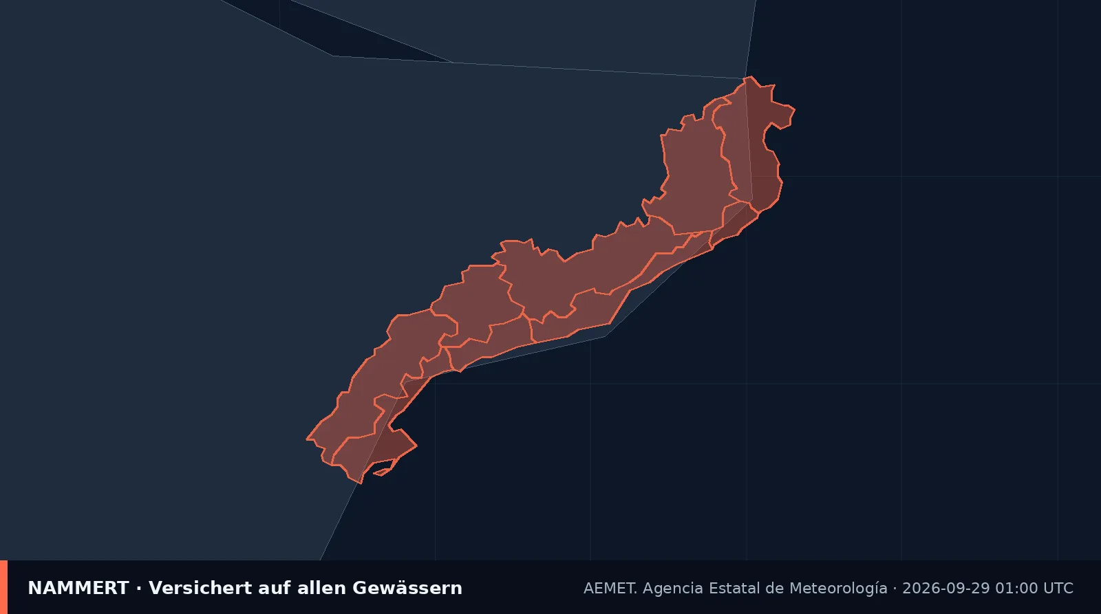 Map of the official warning for Spain