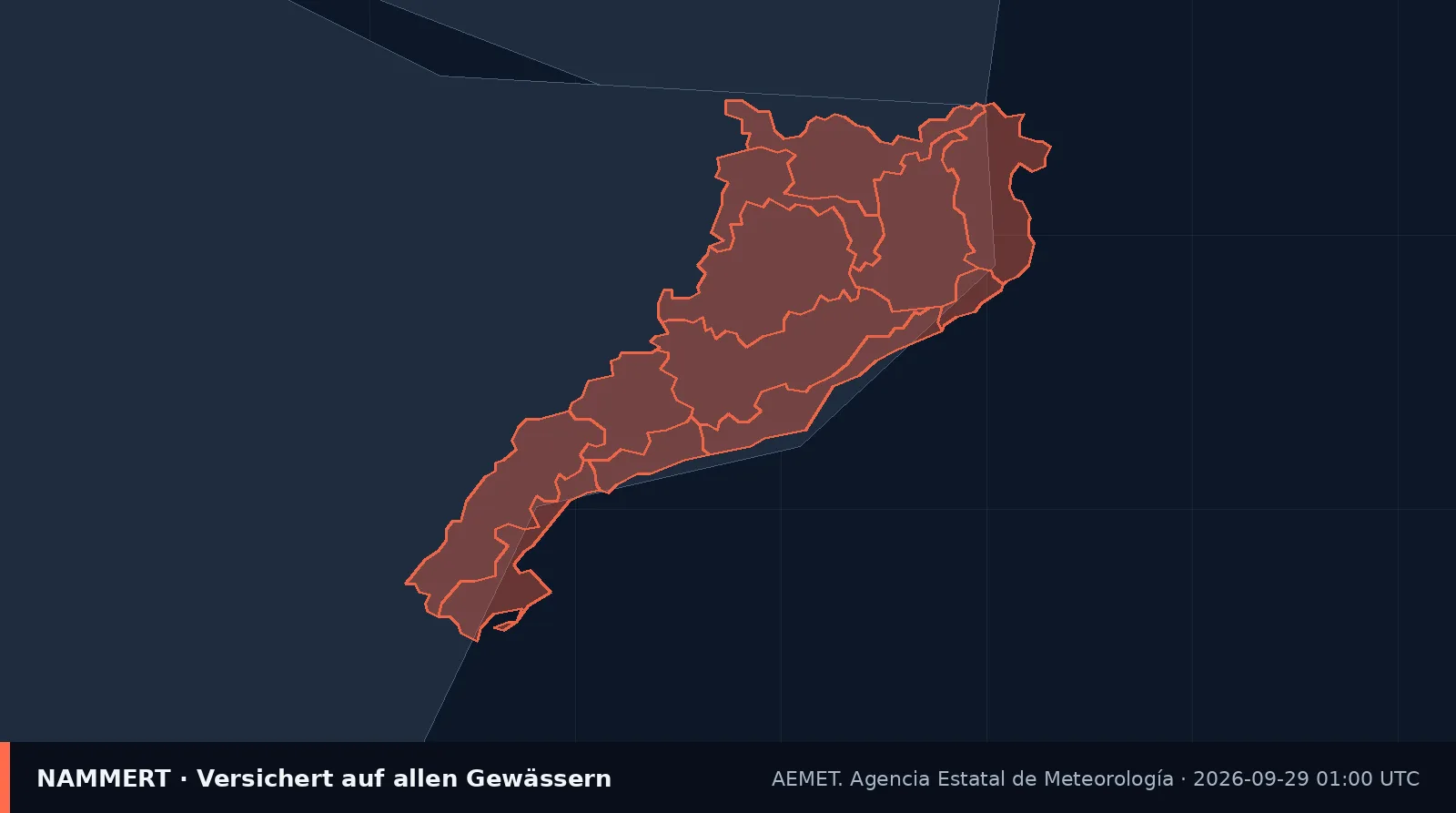 Map of the official warning for Spain